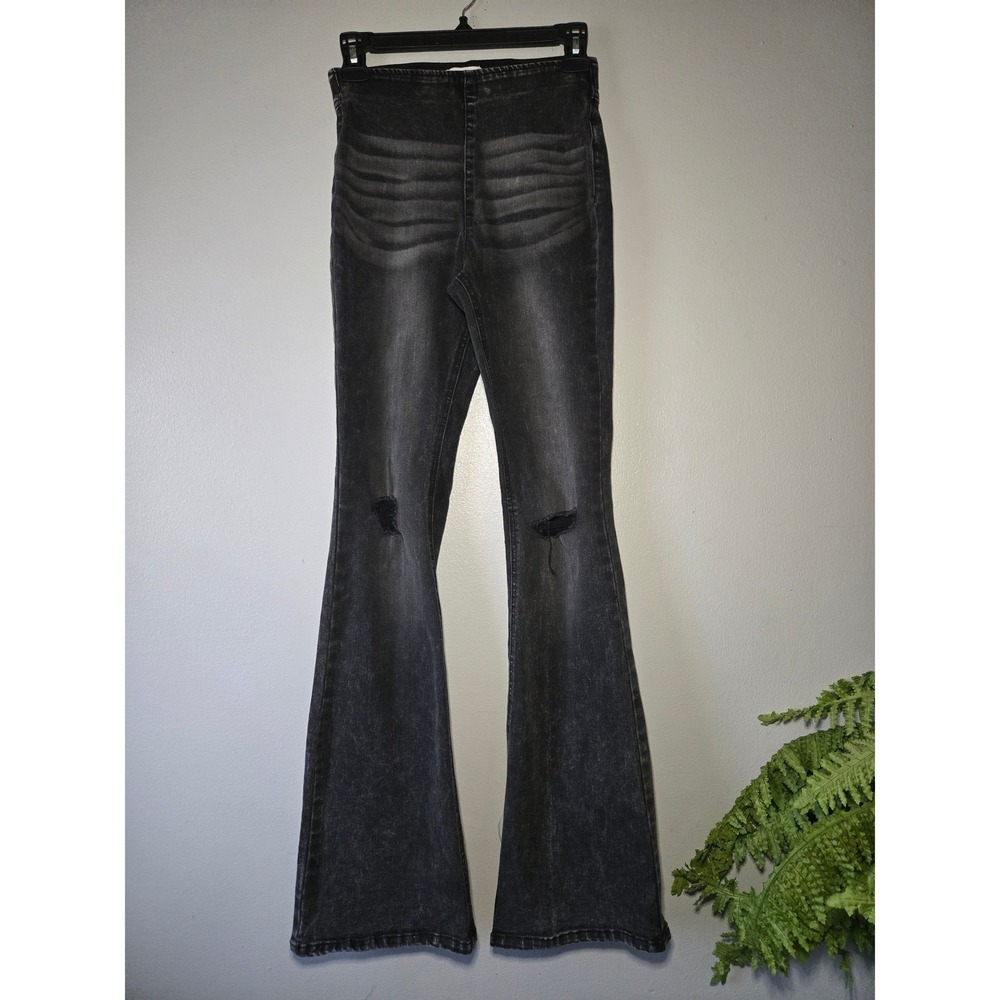 True Craft High Rise Flare Jeans Black Distressed Y2K Pull On Women Size XS
